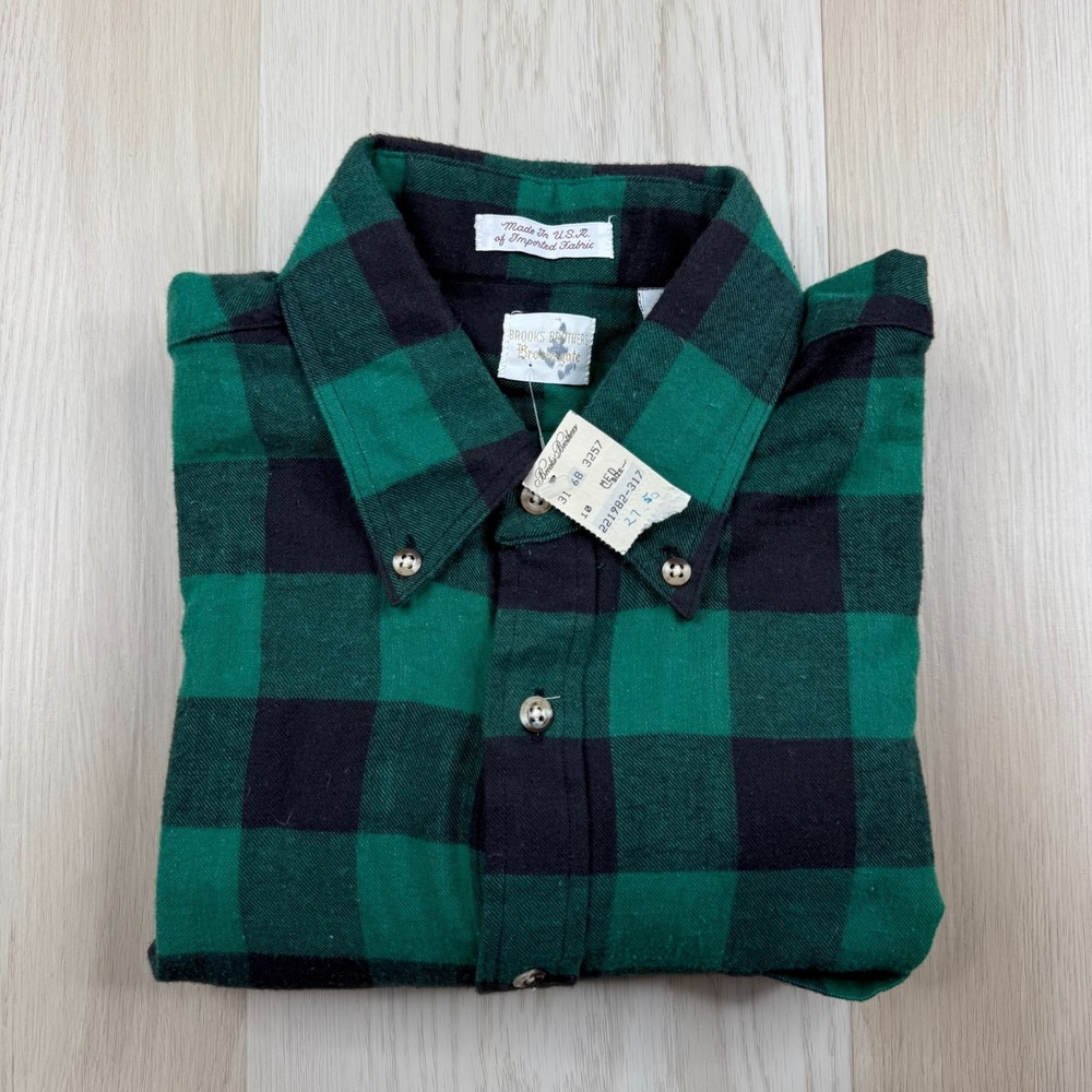 NWT VTG Brooks Brothers Green Black Buffalo Plaid Flannel Button Shirt Size M